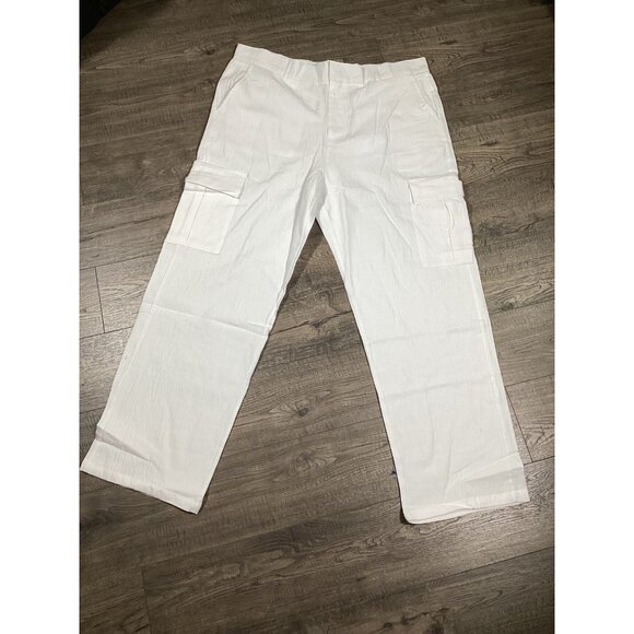 Ouku Mens White 100% Cotton Cargo Pants Size XL Summer Vibes Casual Beach NWT - Picture 1 of 11